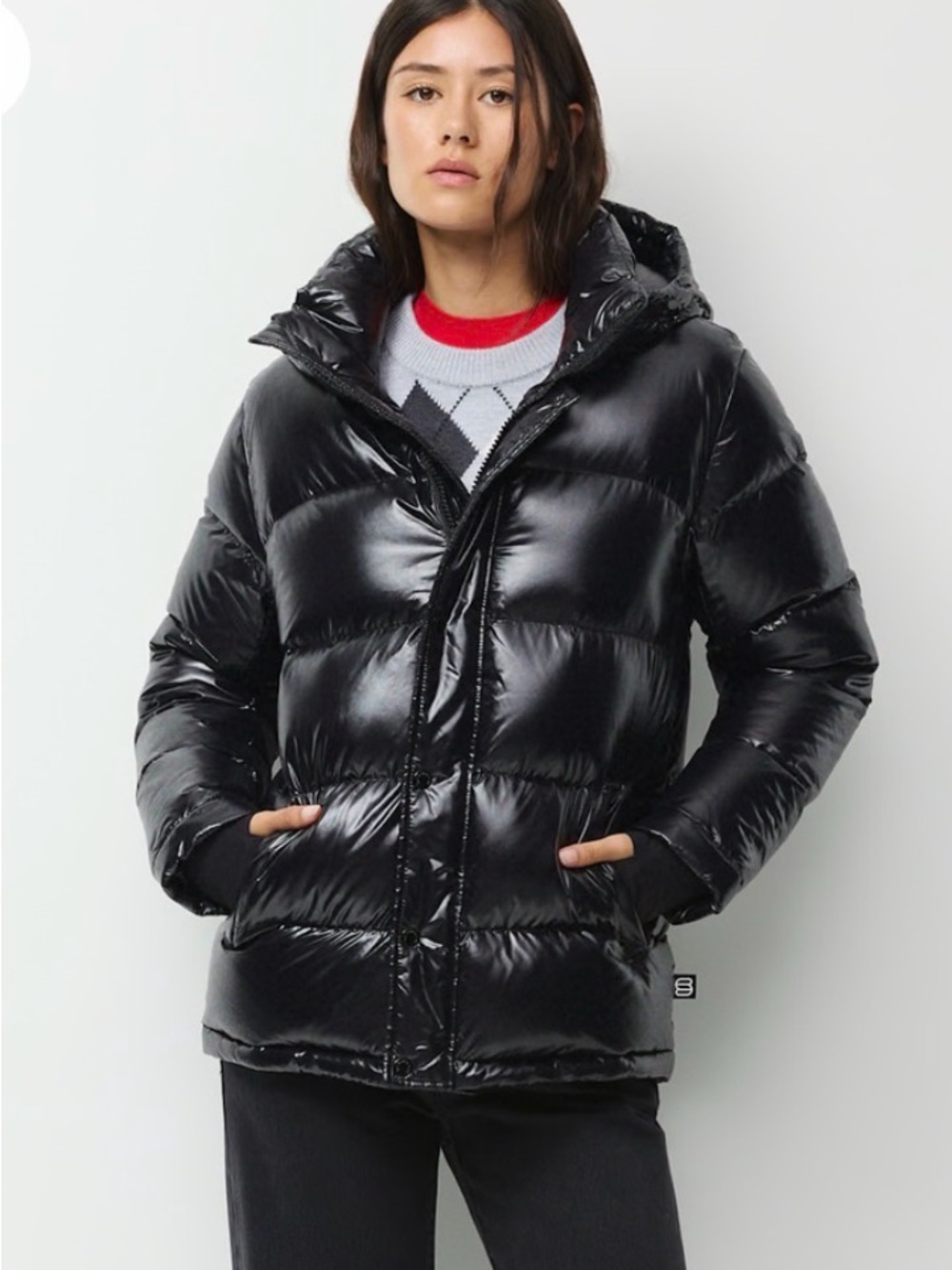 Aritzia Black Glossy Puffer Jacket with Hood
